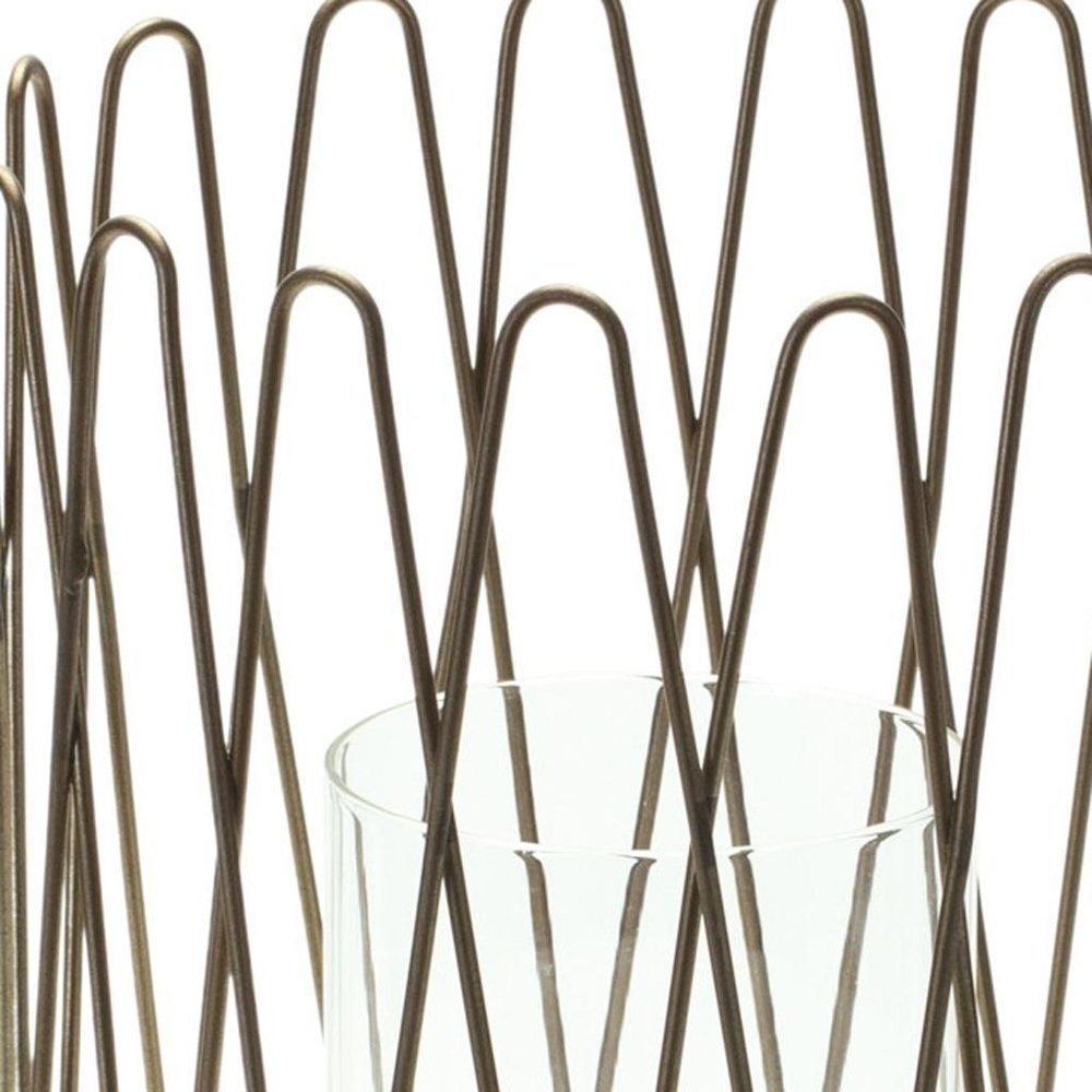 14" Gold Iron and Glass Tabletop Hurricane Candle Holder HomeRoots