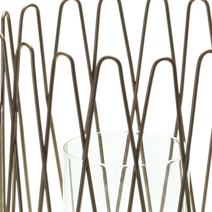 14" Gold Iron and Glass Tabletop Hurricane Candle Holder HomeRoots