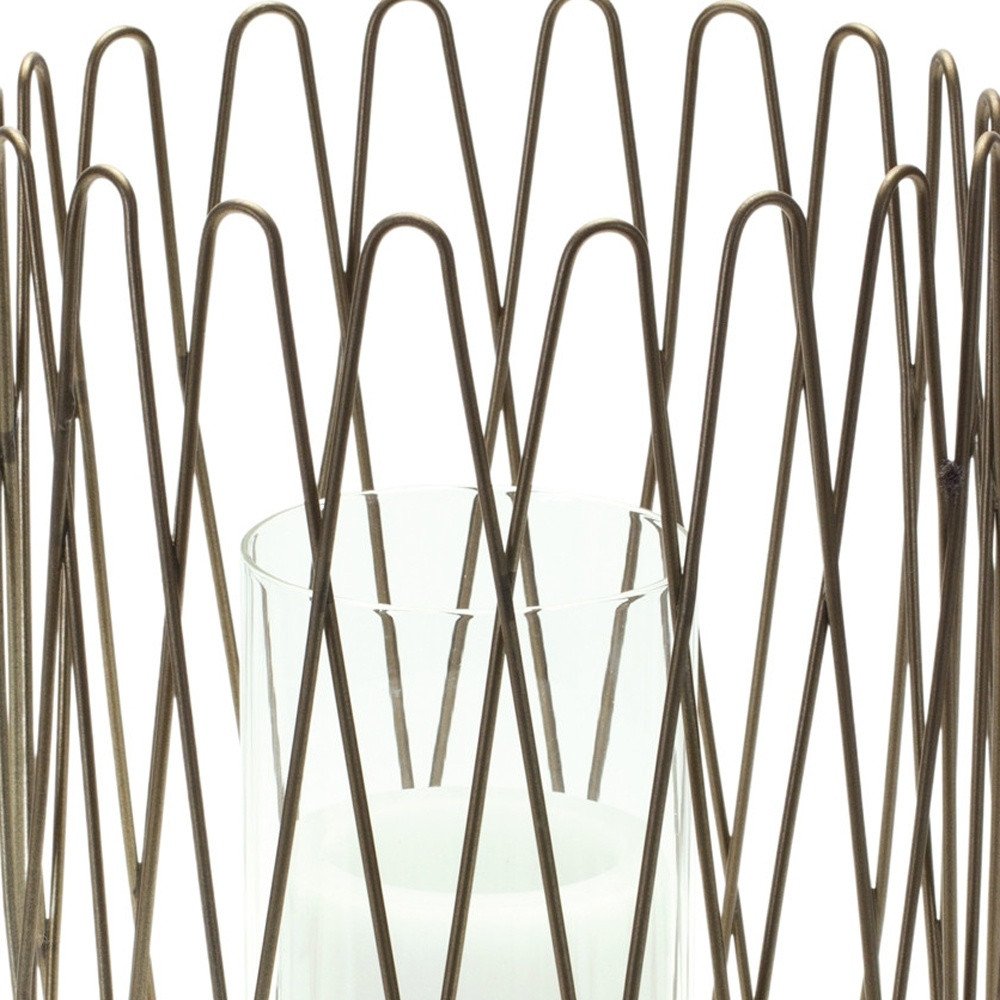 14" Gold Iron and Glass Tabletop Hurricane Candle Holder HomeRoots