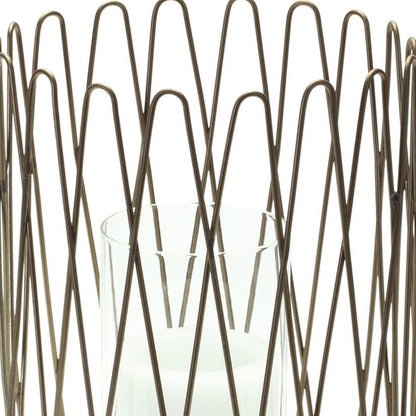 14" Gold Iron and Glass Tabletop Hurricane Candle Holder HomeRoots