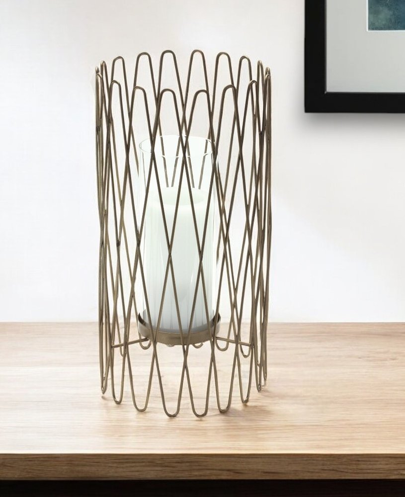14" Gold Iron and Glass Tabletop Hurricane Candle Holder HomeRoots