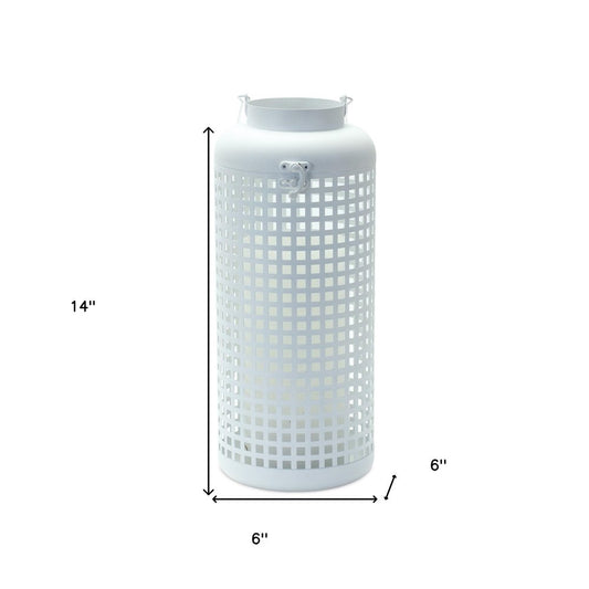 14" White Distressed Lattice Iron Floor Lantern Candle Holder HomeRoots