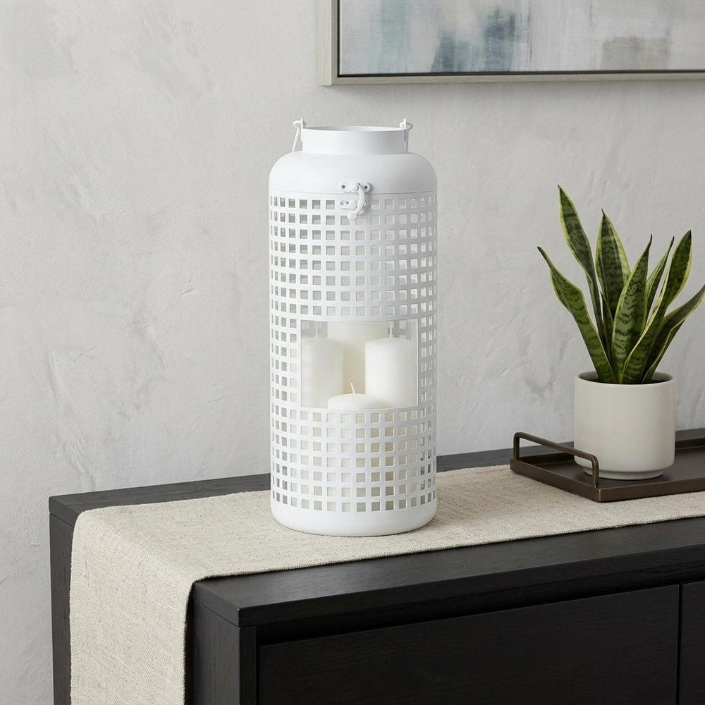 14" White Distressed Lattice Iron Floor Lantern Candle Holder HomeRoots