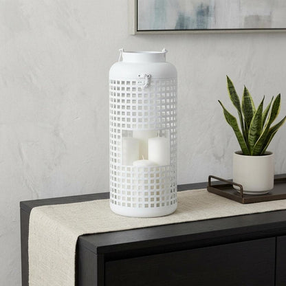 14" White Distressed Lattice Iron Floor Lantern Candle Holder HomeRoots