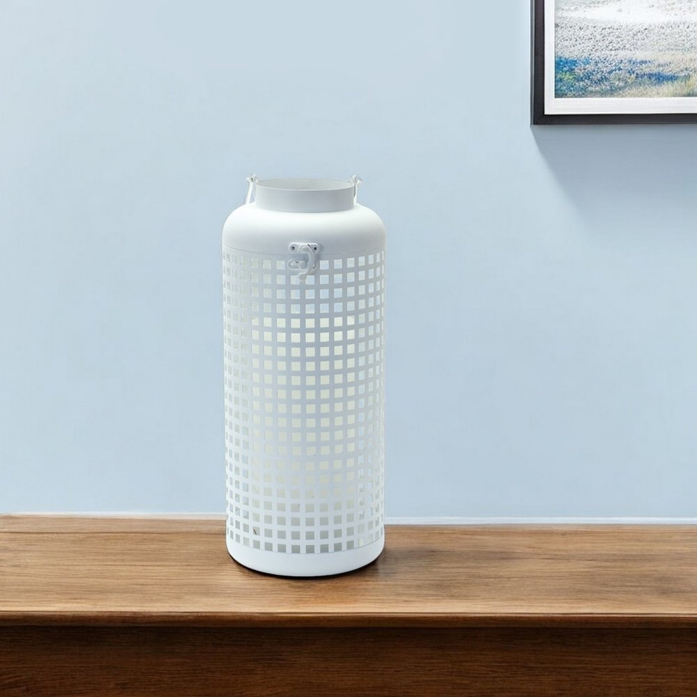 14" White Distressed Lattice Iron Floor Lantern Candle Holder HomeRoots