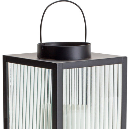 14" Black Iron and Glass Striped Tabletop Lantern Candle Holder