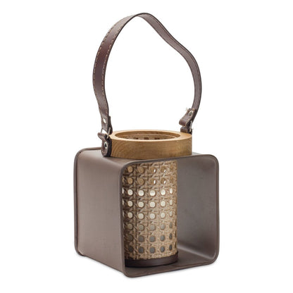 7" Natural And Brown Distressed Lattice Iron And Wood Tabletop Lantern Candle Holder HomeRoots