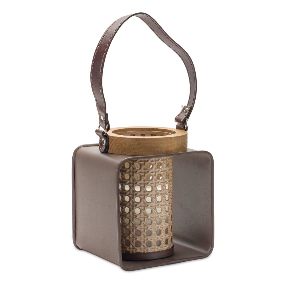 7" Natural And Brown Distressed Lattice Iron And Wood Tabletop Lantern Candle Holder HomeRoots