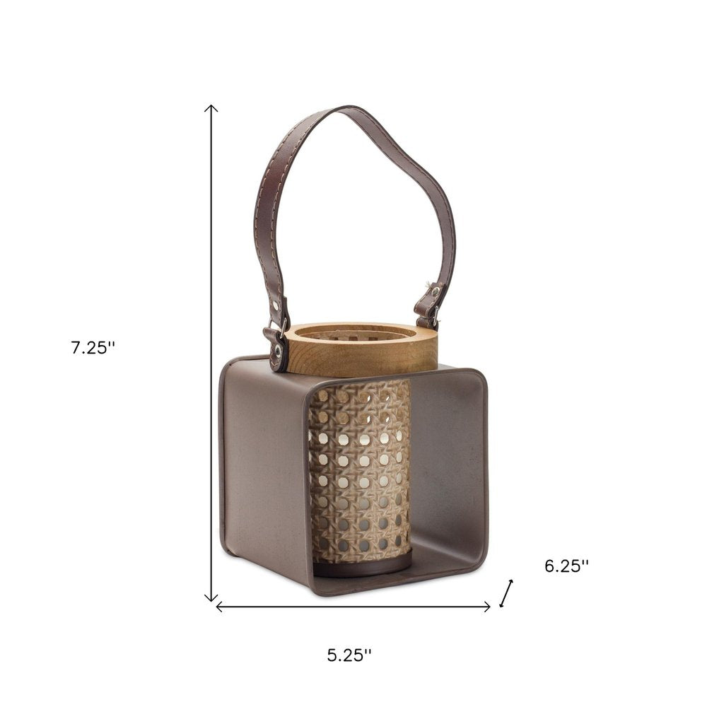 7" Natural And Brown Distressed Lattice Iron And Wood Tabletop Lantern Candle Holder HomeRoots