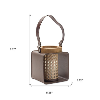 7" Natural And Brown Distressed Lattice Iron And Wood Tabletop Lantern Candle Holder HomeRoots