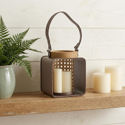 7" Natural And Brown Distressed Lattice Iron And Wood Tabletop Lantern Candle Holder HomeRoots