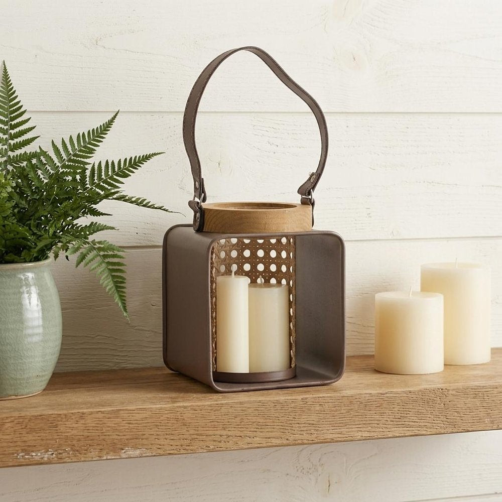 7" Natural And Brown Distressed Lattice Iron And Wood Tabletop Lantern Candle Holder HomeRoots