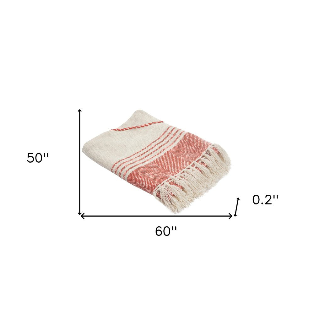 60" X 50" Beige Woven Cotton Striped Throw Blanket with Fringe HomeRoots