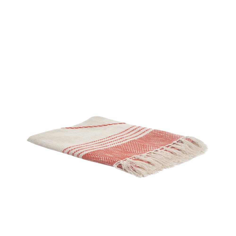 60" X 50" Red Woven Cotton Striped Throw Blanket with Fringe HomeRoots