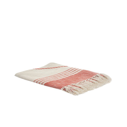 60" X 50" Red Woven Cotton Striped Throw Blanket with Fringe HomeRoots