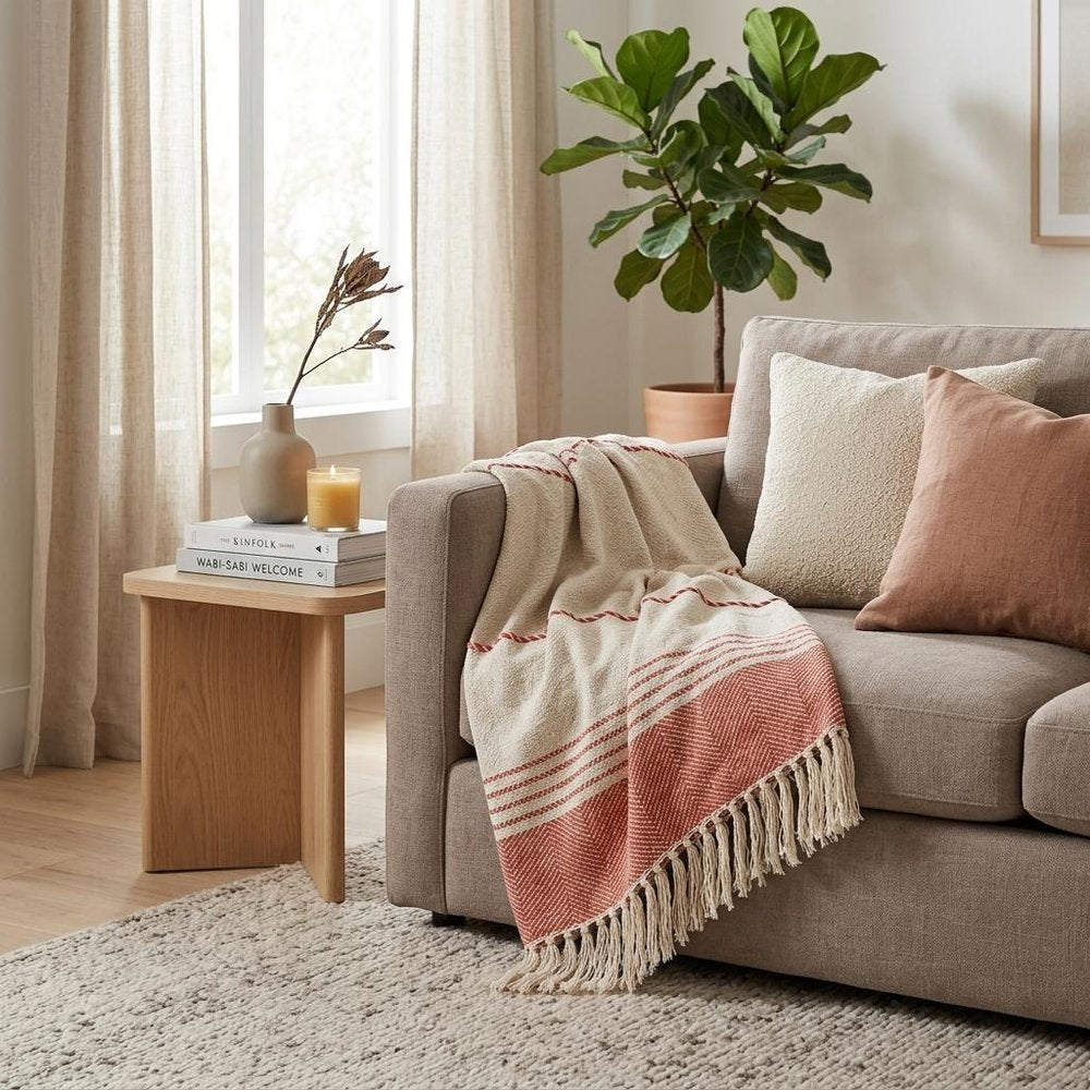 60" X 50" Beige Woven Cotton Striped Throw Blanket with Fringe HomeRoots