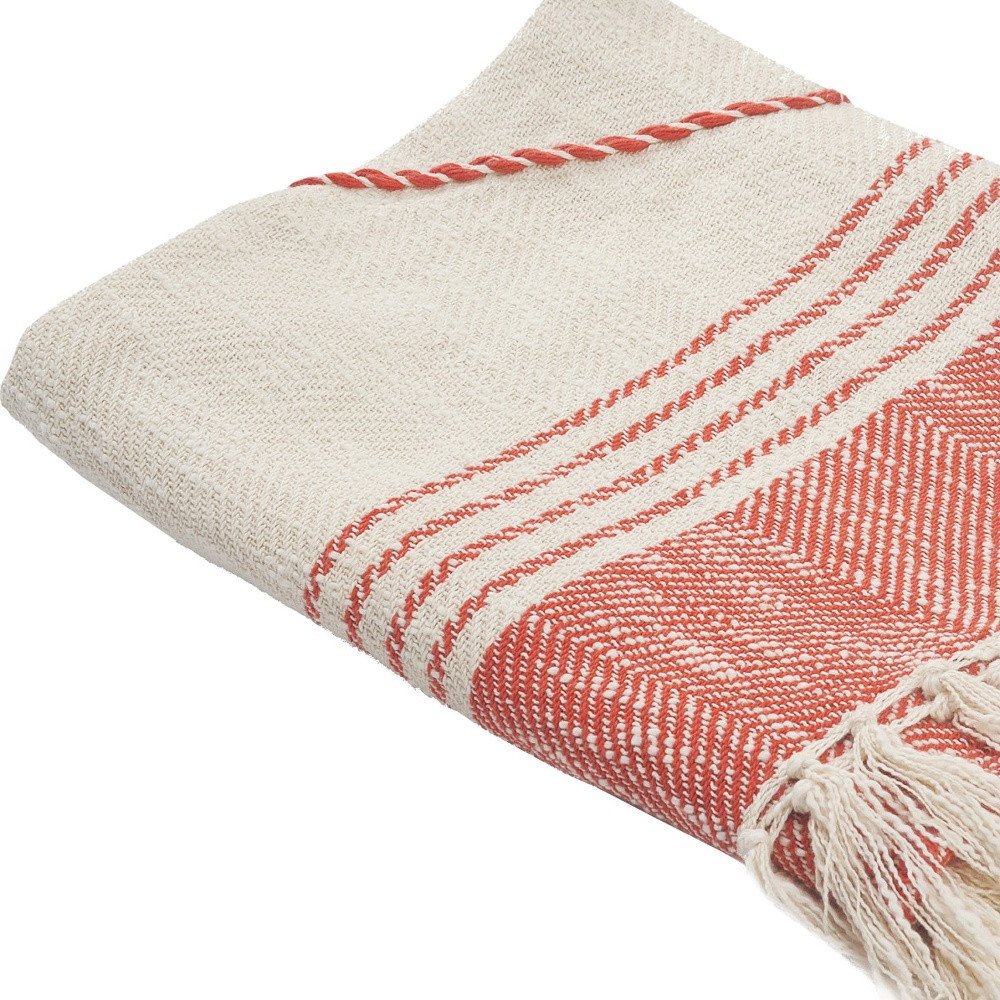 60" X 50" Beige Woven Cotton Striped Throw Blanket with Fringe HomeRoots