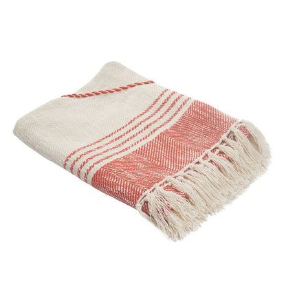 60" X 50" Beige Woven Cotton Striped Throw Blanket with Fringe HomeRoots