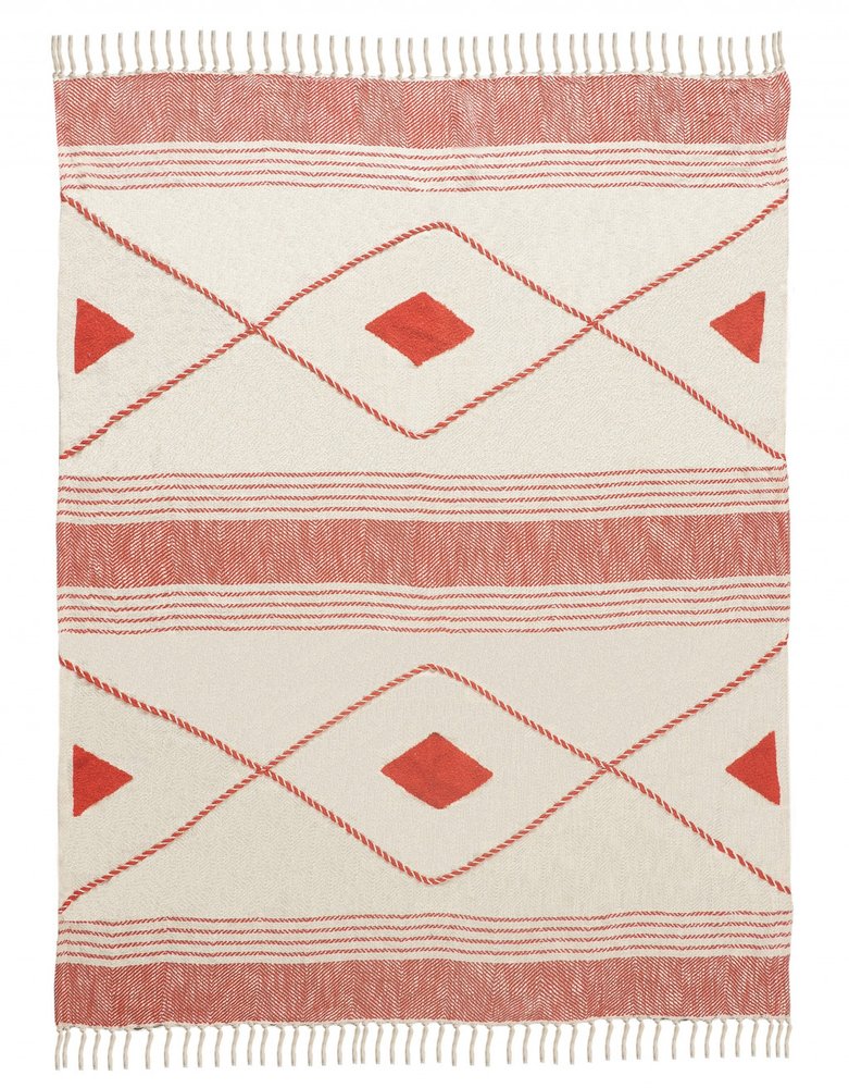 60" X 50" Beige Woven Cotton Striped Throw Blanket with Fringe HomeRoots