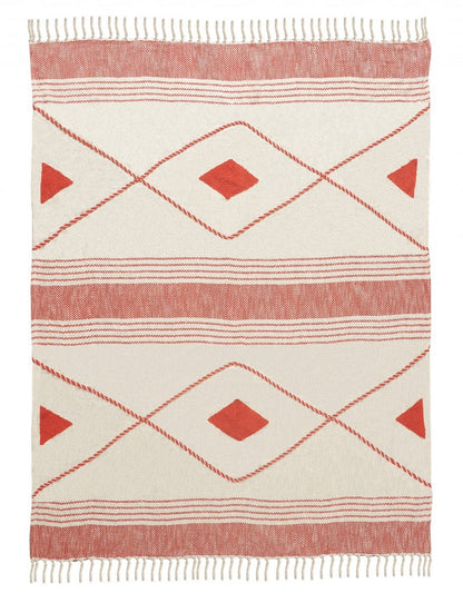 60" X 50" Beige Woven Cotton Striped Throw Blanket with Fringe HomeRoots