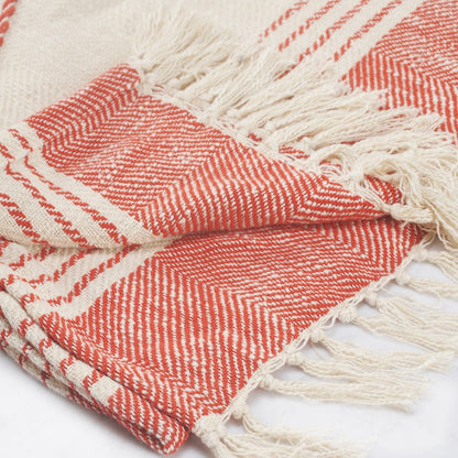 60" X 50" Red Woven Cotton Striped Throw Blanket with Fringe HomeRoots