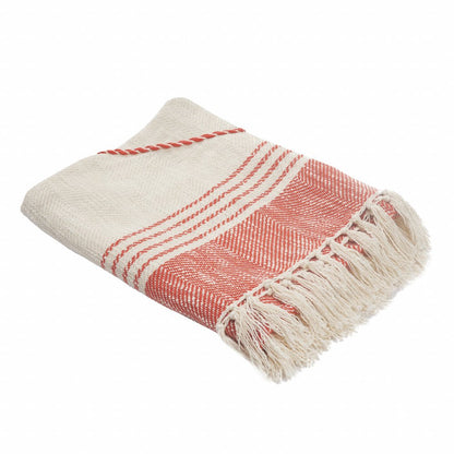 60" X 50" Beige Woven Cotton Striped Throw Blanket with Fringe HomeRoots