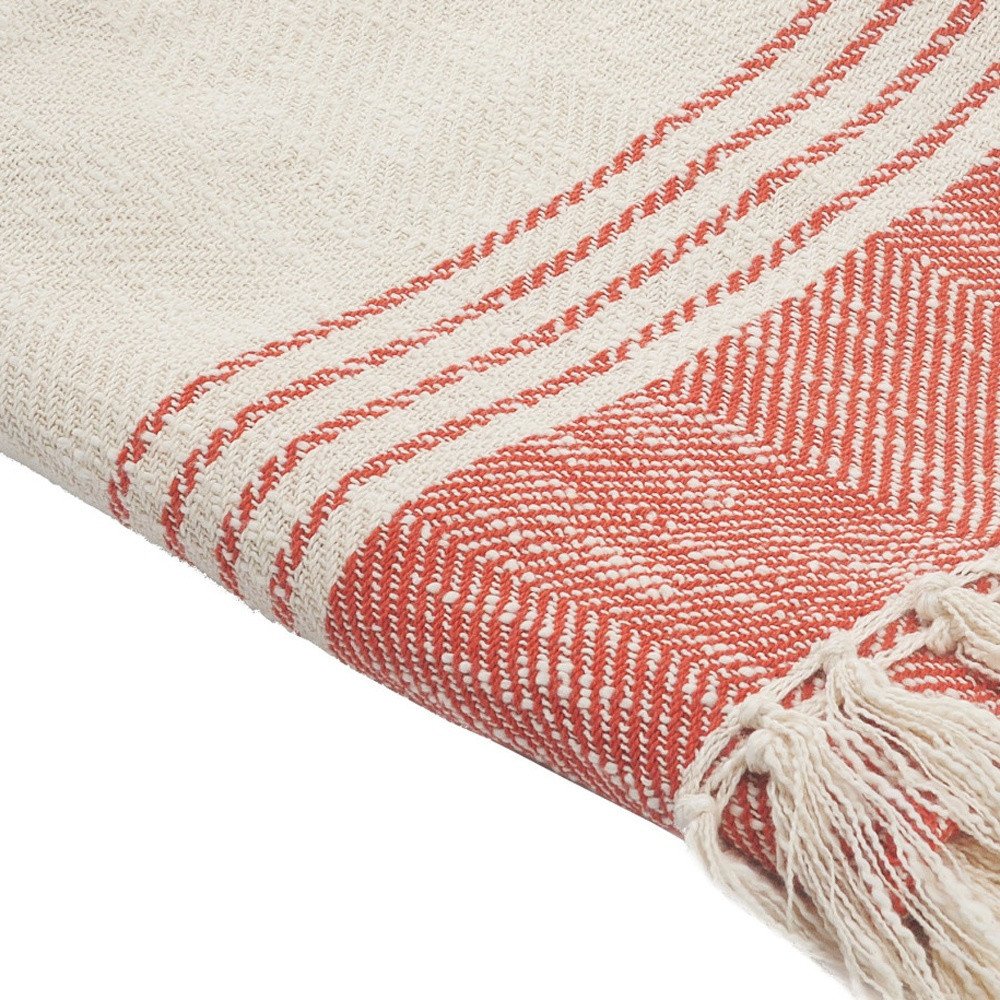 60" X 50" Beige Woven Cotton Striped Throw Blanket with Fringe HomeRoots