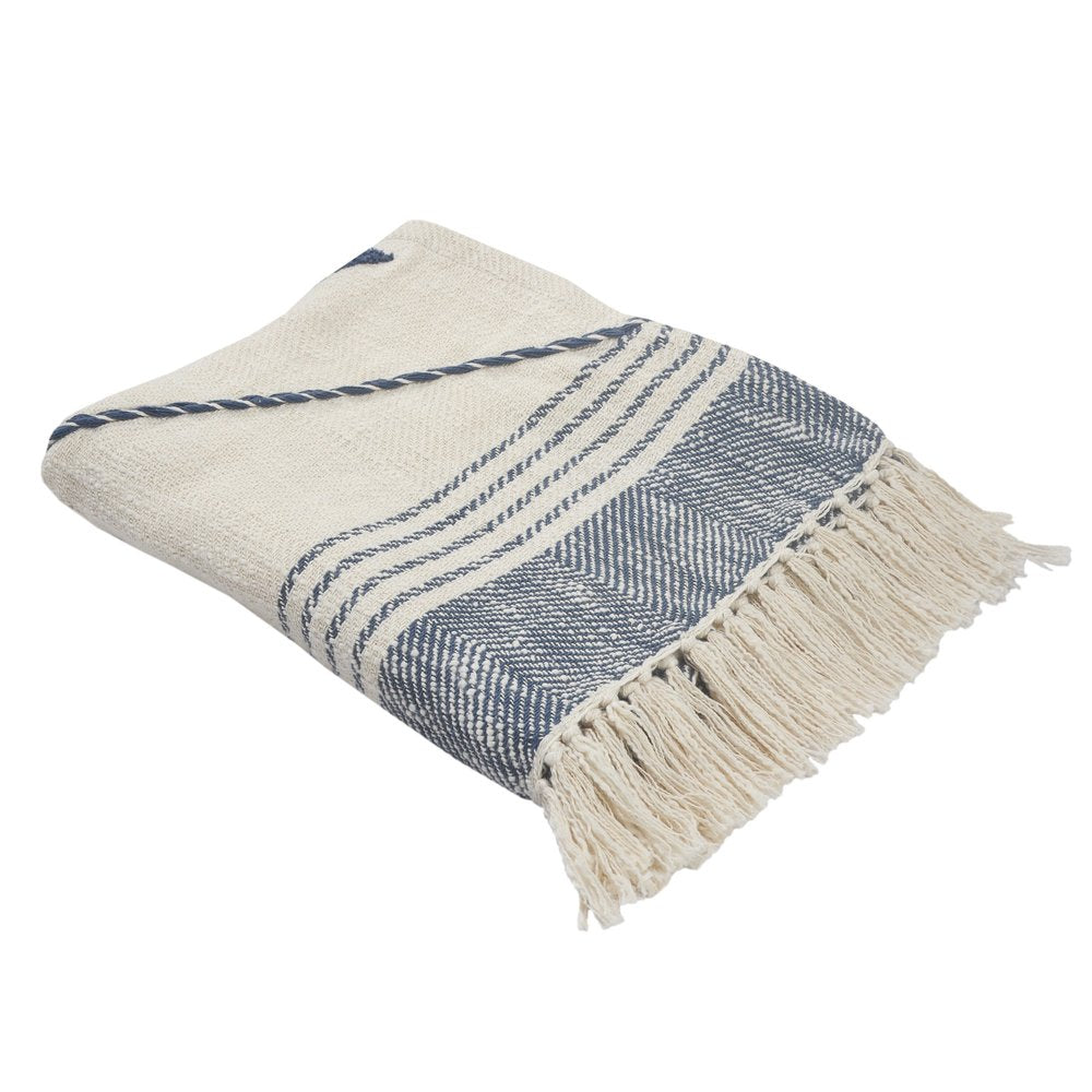 60" X 50" Beige Woven Cotton Striped Throw Blanket with Fringe HomeRoots