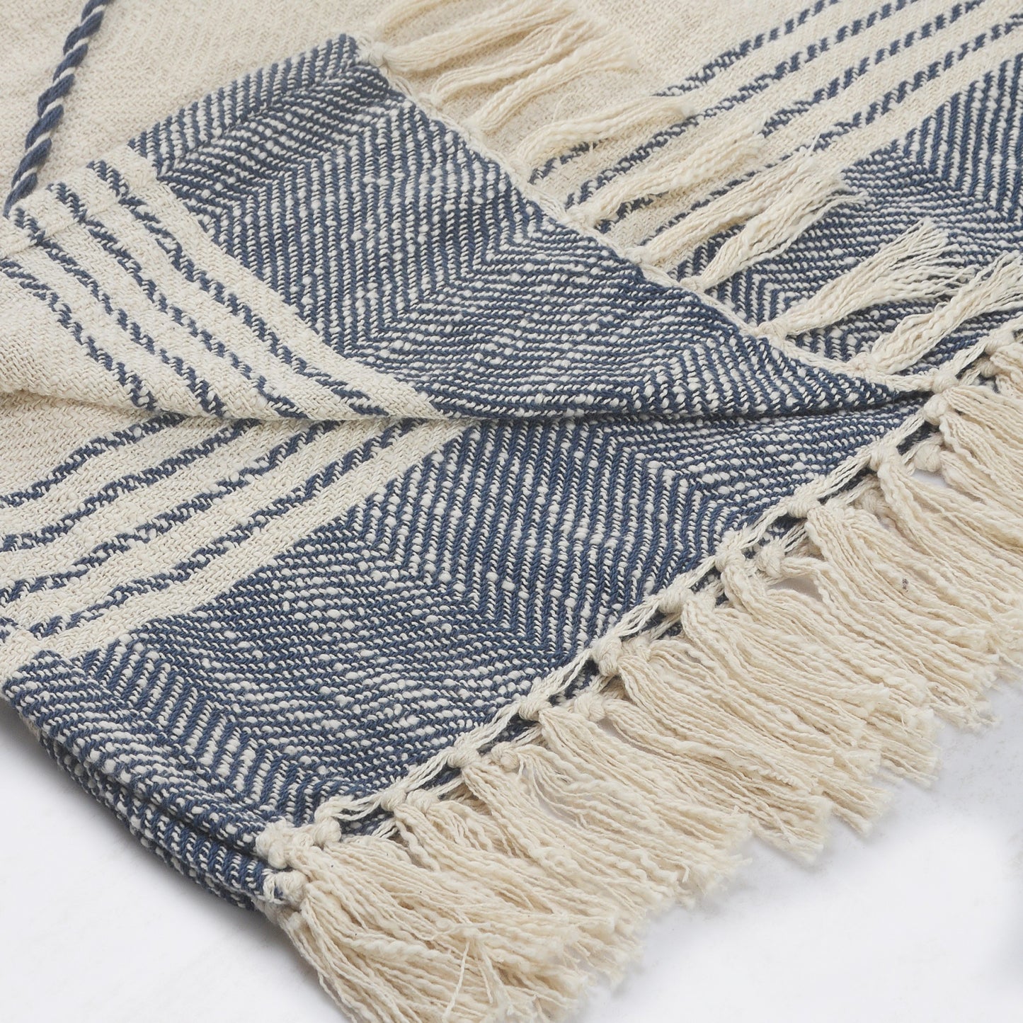 60" X 50" Blue and Off White Woven Cotton Striped Throw Blanket with Fringe