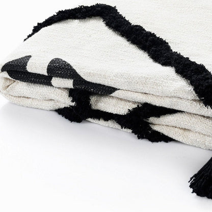 50" X 60" Black and White Woven Cotton Geometric Throw Blanket with Tassels HomeRoots