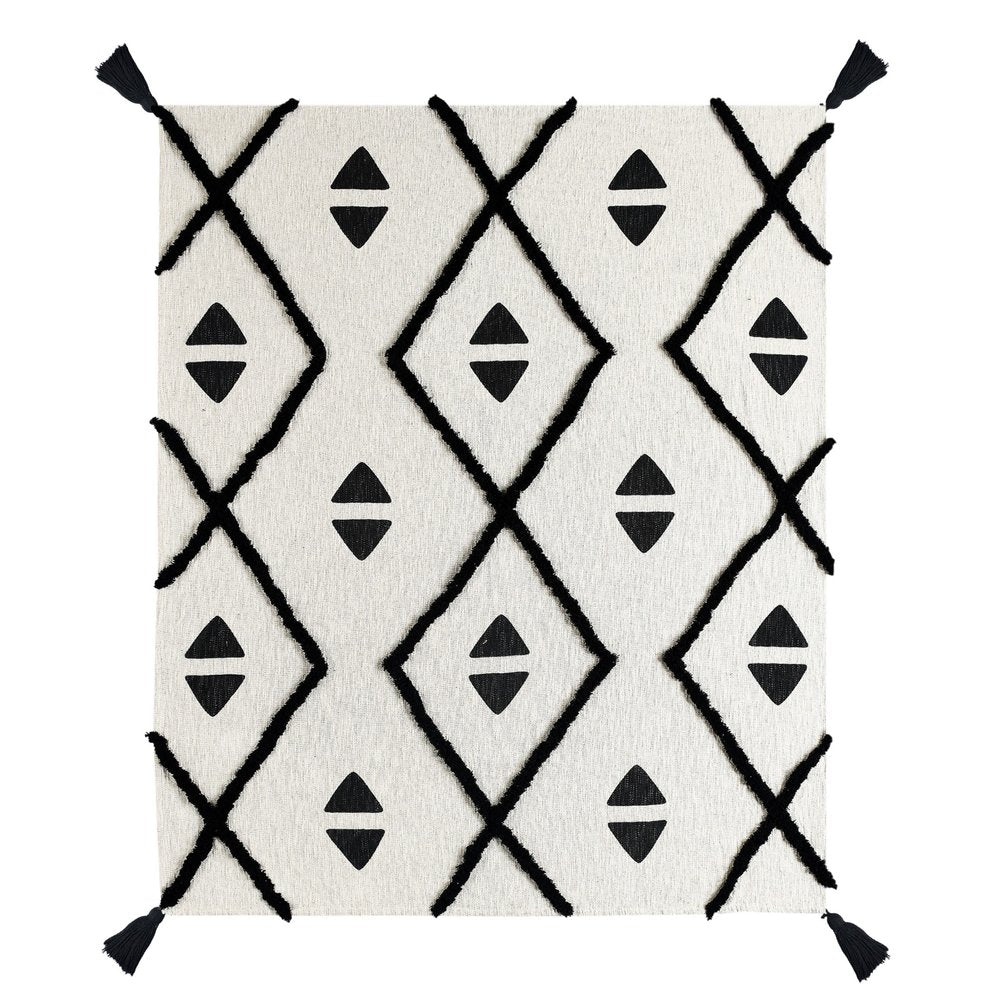 50" X 60" Black and White Woven Cotton Geometric Throw Blanket with Tassels HomeRoots