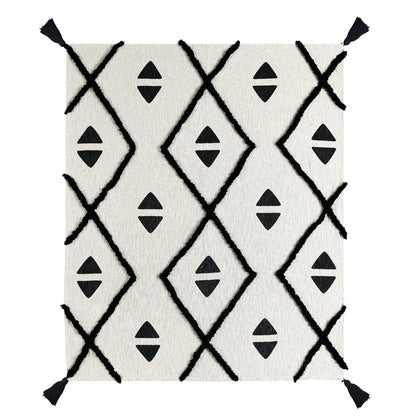 50" X 60" Black and White Woven Cotton Geometric Throw Blanket with Tassels HomeRoots