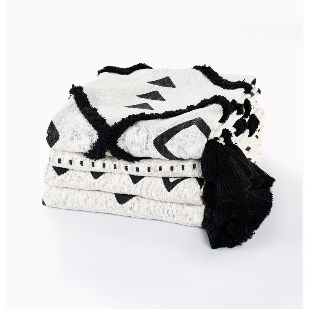 50" X 60" Black and White Woven Cotton Geometric Throw Blanket with Tassels HomeRoots