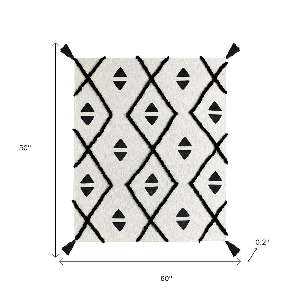 50" X 60" Black and White Woven Cotton Geometric Throw Blanket with Tassels HomeRoots