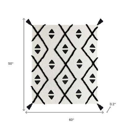 50" X 60" Black and White Woven Cotton Geometric Throw Blanket with Tassels HomeRoots