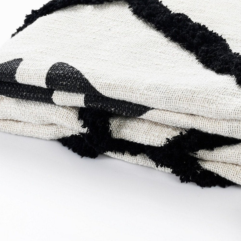 50" X 60" Black and White Woven Cotton Geometric Throw Blanket with Tassels HomeRoots