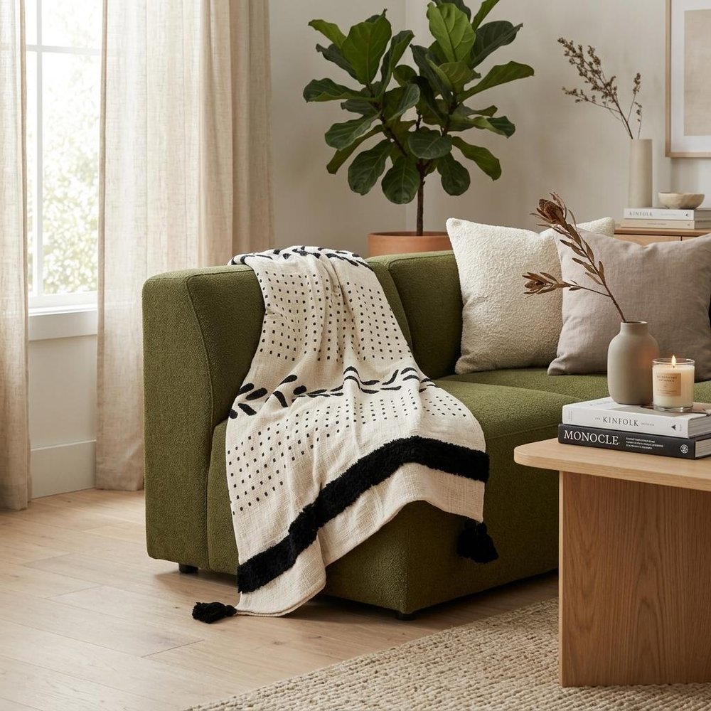60" X 50" Black and White Woven Cotton Striped Throw Blanket with Tassels HomeRoots