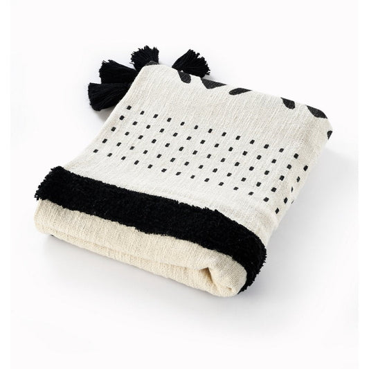 60" X 50" Black and White Woven Cotton Striped Throw Blanket with Tassels HomeRoots