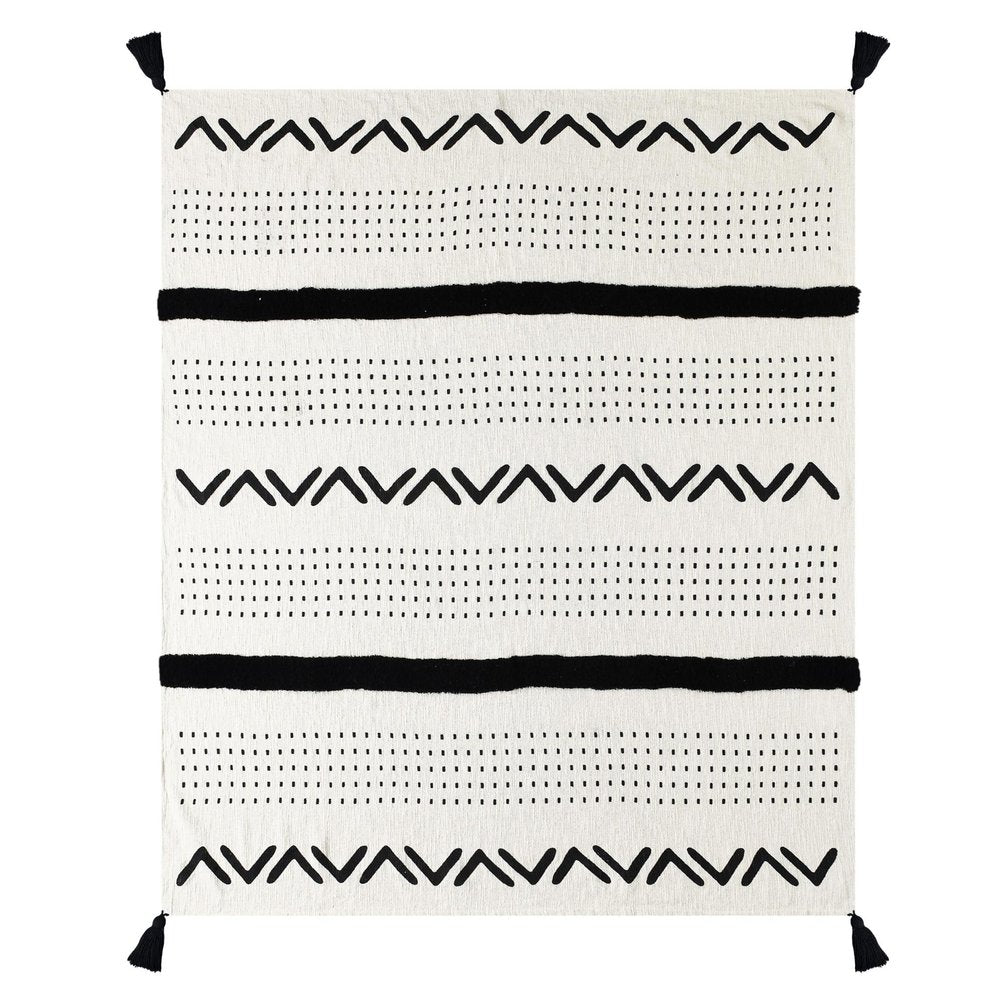 60" X 50" Black and White Woven Cotton Striped Throw Blanket with Tassels HomeRoots