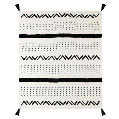 60" X 50" Black and White Woven Cotton Striped Throw Blanket with Tassels HomeRoots
