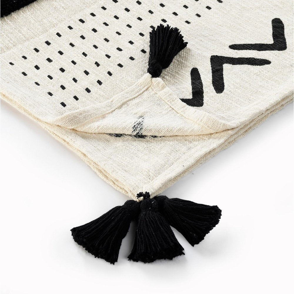 60" X 50" Black and White Woven Cotton Striped Throw Blanket with Tassels HomeRoots