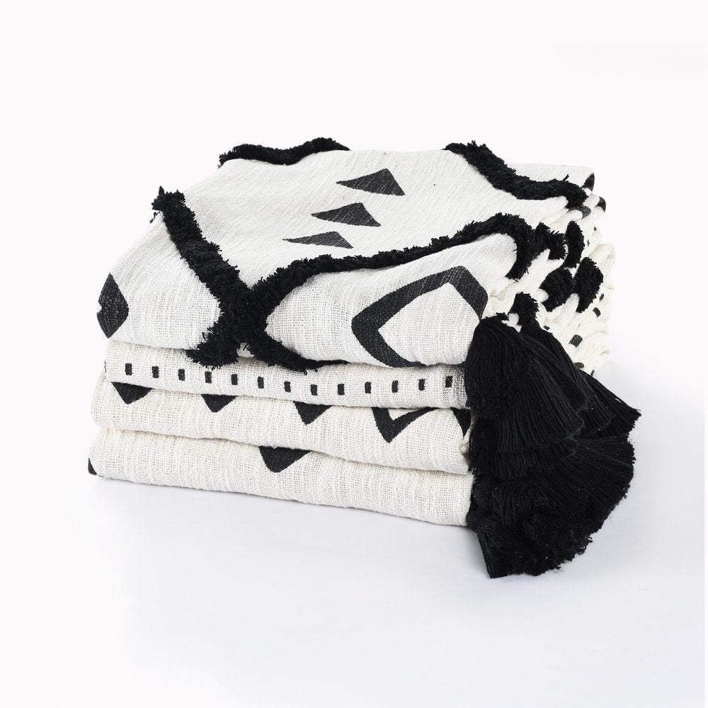 60" X 50" Black and White Woven Cotton Striped Throw Blanket with Tassels HomeRoots