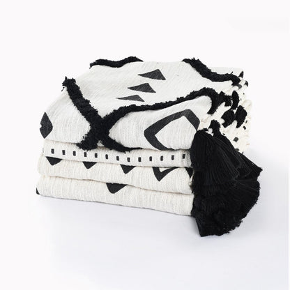 60" X 50" Black and White Woven Cotton Striped Throw Blanket with Tassels HomeRoots