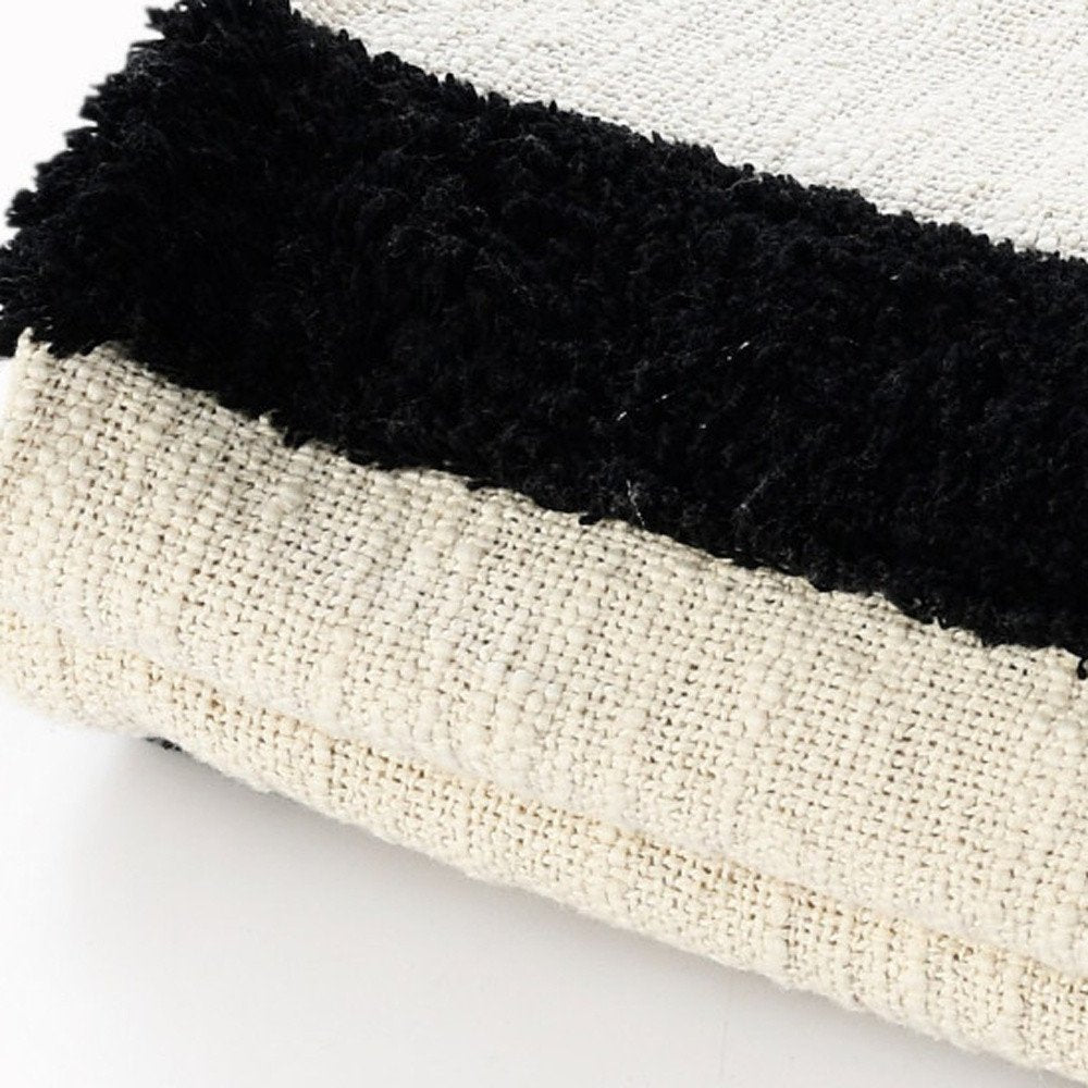 60" X 50" Black and White Woven Cotton Striped Throw Blanket with Tassels — view 9