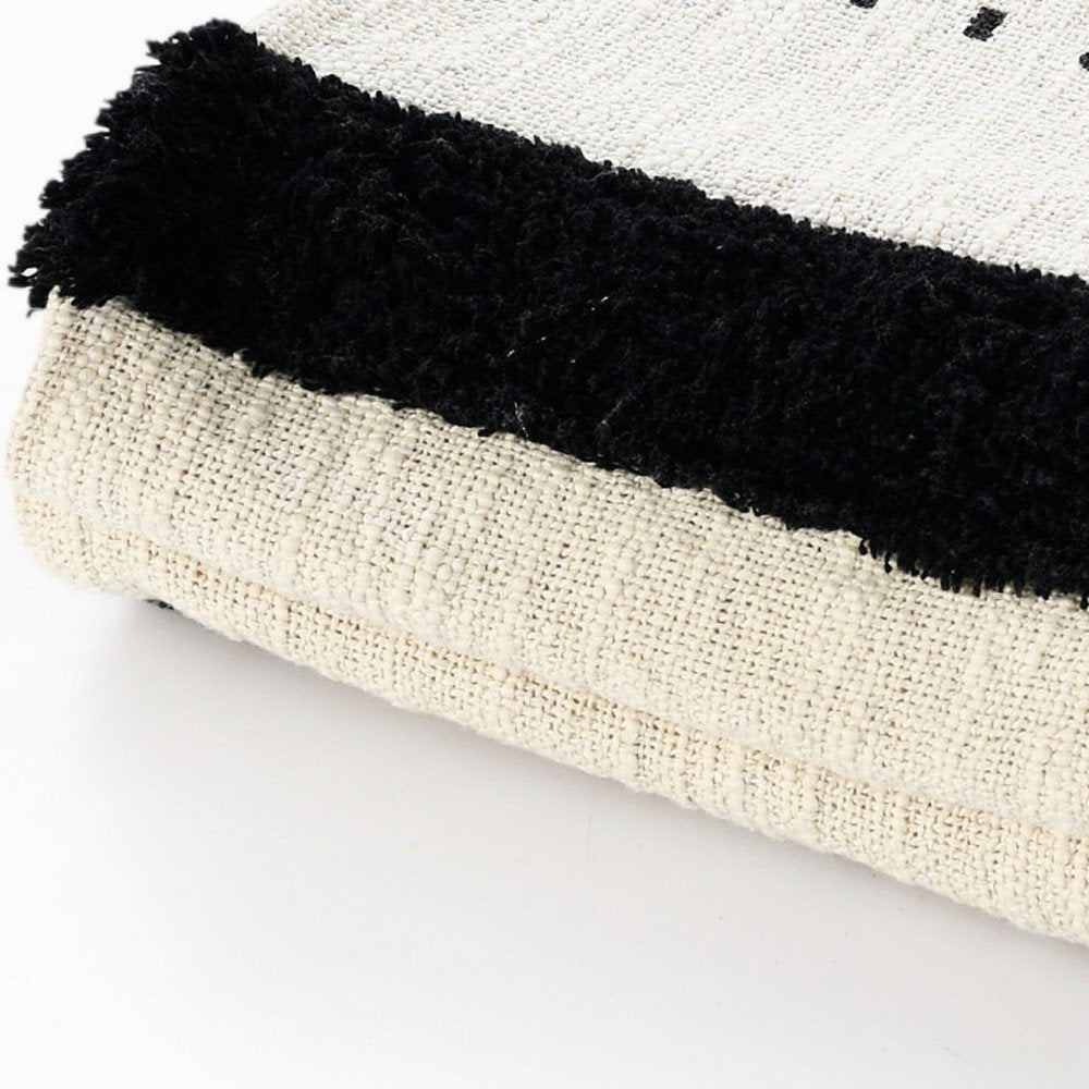 60" X 50" Black and White Woven Cotton Striped Throw Blanket with Tassels HomeRoots