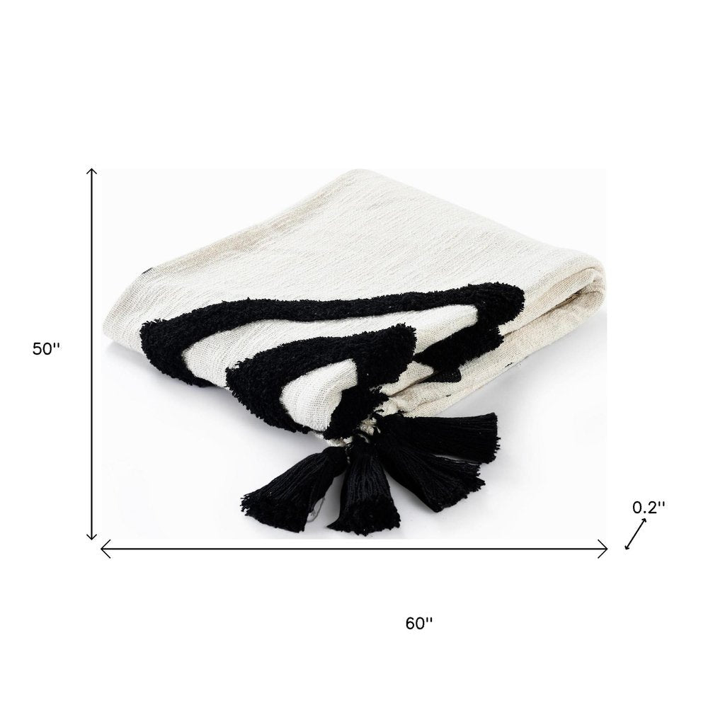 50" X 60" Black and White Woven Cotton Geometric Throw Blanket with Tassels HomeRoots