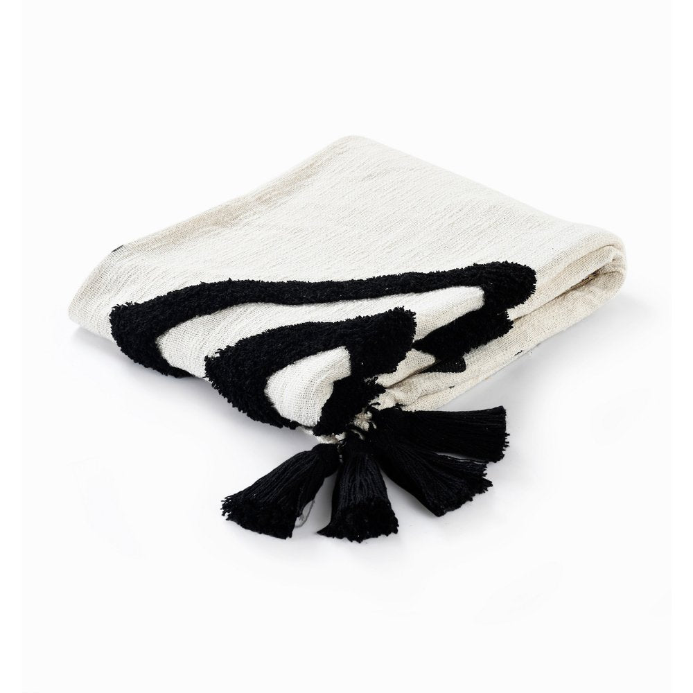 50" X 60" Black and White Woven Cotton Geometric Throw Blanket with Tassels — view 1