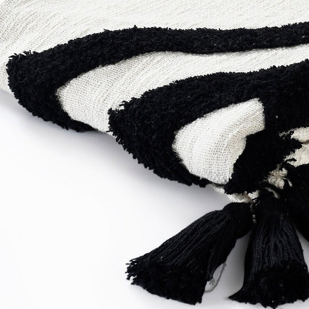 50" X 60" Black and White Woven Cotton Geometric Throw Blanket with Tassels HomeRoots