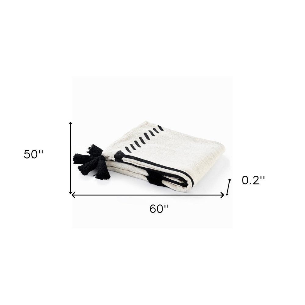 50" X 60" Black and White Woven Cotton Geometric Throw Blanket with Tassels HomeRoots