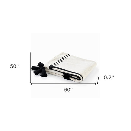50" X 60" Black and White Woven Cotton Geometric Throw Blanket with Tassels HomeRoots